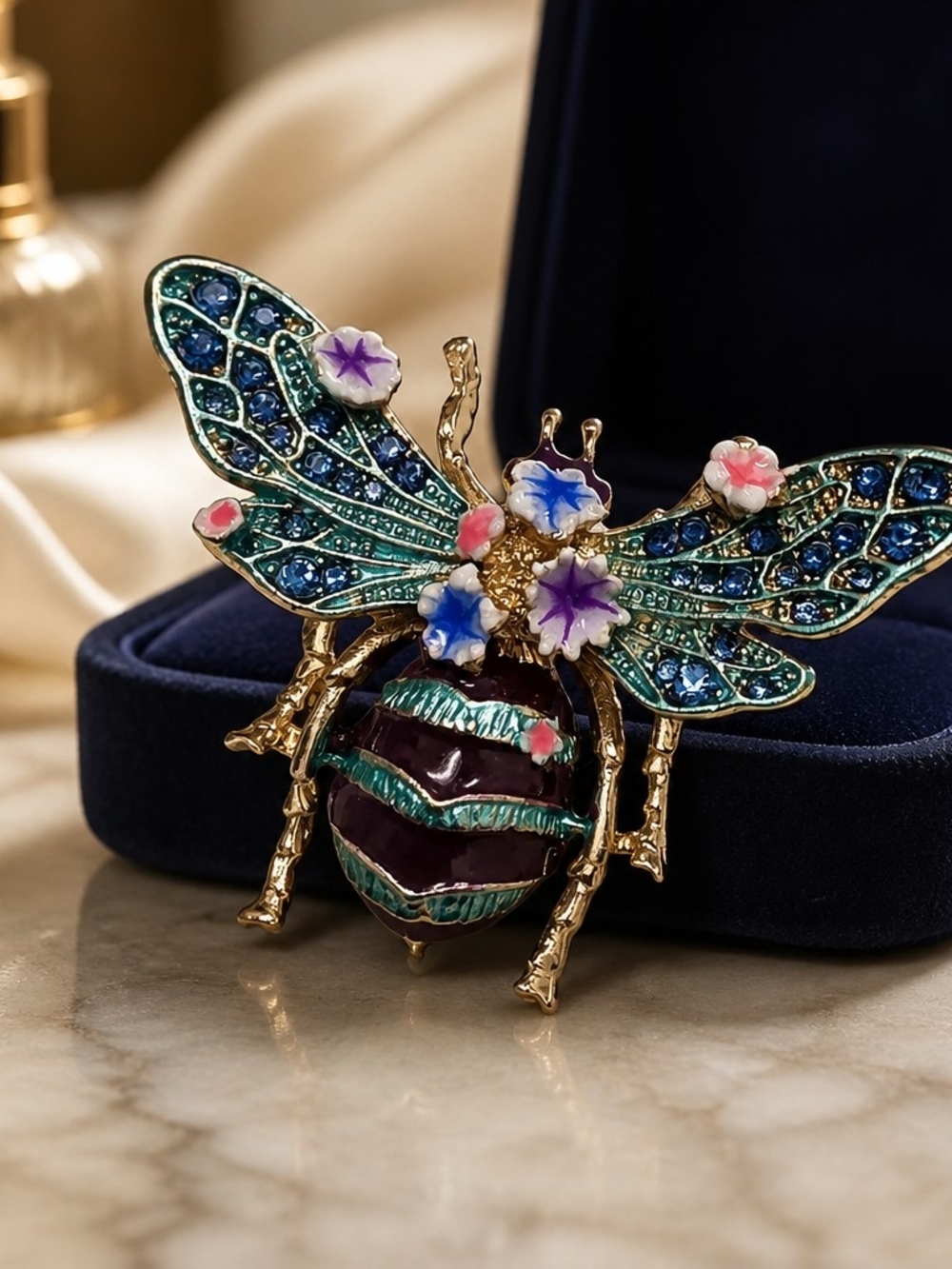 Statement Blue & Gold Bee Brooch - Women Jewelry